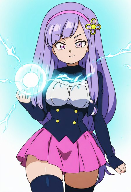 masterpiece, best quality, solo, curvy, beautiful eyes, narrow waist, wide hips, 1girl, solo, smile, looking at viewer,    zzVioletta, purple eyes, purple hair, hair ornament, blunt bangs, long hair, low-tied long hair, pink hairband,   jacket, sleeves past wrists, pink skirt, black thighhighs, zettai ryouiki,   ,<lora:ViolettaByKurumiErika_IXL:1.0>,  ,vivid aura, looking at viewer, blue background, smug, aura, super saiyan, charging energy, energy ball, energy, lightning, <lora:DBSBroly_Style_IXL_v2:0.6>, dynamic pose, large breasts, (charging energy, energy ball, electricity),    <lora:CuteRetroStyle_IXL_v1:1.0>,