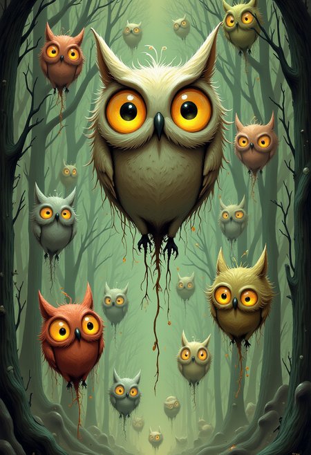 WackyWiskerballsDaal  A parliament of ghostly owls wearing centuries-old carnival masks, floating silently through an underground cathedral of roots and forgotten lullabies; each owl holds a thread of someoneâs dream memory in its talon; drawn in a blend of silent film expressionism and the textured brushwork of oil-on-canvas.