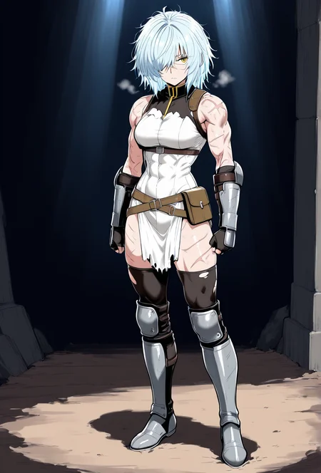 (masterpiece, best quality, ultra-detailed:1.4),
solo,1girl, (light blue hair:1.3), short messy hair, bangs,
(yellow eyes:1.5), (battle-worn expression:1.3), (scar over one eye:1.5), (intimidating aura:1.3),
(hair covering one eye:1.5), (bangs covering left eye:1.4), (left eye obscured by hair:1.4), (hair over eye:1.3),
(battle-hardened:1.4), (war veteran:1.3), (many scars:1.3), (visible wounds:1.2), (weathered face:1.2), (dirt and grime:1.2),
(toned arms:0.6), (muscle tension visible:0.3), (slim but athletic build:1.1), (strong female warrior:1.1),
(full body:1.3)à¸¡
(dynamic lighting:1.3), (gritty, rough textures:1.2), light armor, medieval cloth,
looking at viewer, (hair slightly messy:1.2),
fullbody, (torn and worn-out fighter outfit:1.2),
 <lora:VioletV2:1>