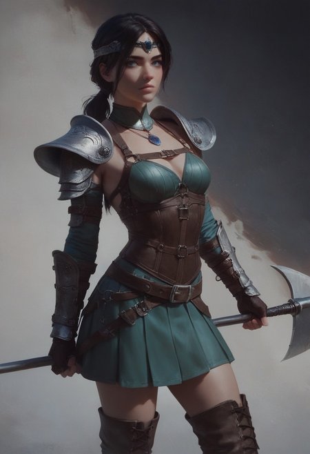 score_9, score_8_up, score_7_up, score_6_up, score_5_up, 1girl, delicate girl, beautiful girl, standing, view from side, looking over shoulder, stern expression, feminine face, green leather armor, corset, bare thighs, boots, blue eyes, beautiful small nose, beautiful face, sultry, seductive, dark hair, medieval clothes, light abs, brown leather belt, slim body, medium breasts, leather harness, halberd, realistic, paneled skirt, low ponytail, circlet, bangles, pendant necklace, romantic style, simple black background, medium shot, concept art,