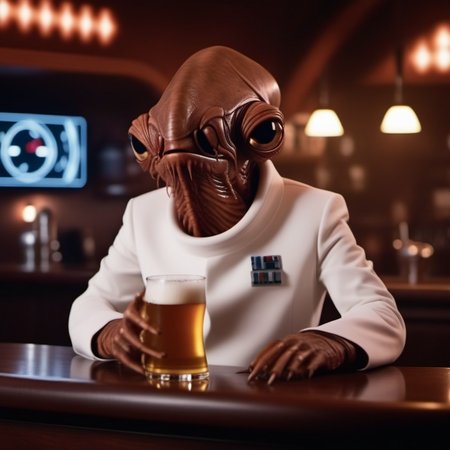 cinematic photo an alien with a strange looking face, star wars, white suit, having a beer in a pub, +++(((text ''it's a tap'')))  <lora:AmiralAckbar1024:0.8> . 35mm photograph, film, bokeh, professional, 4k, highly detailed