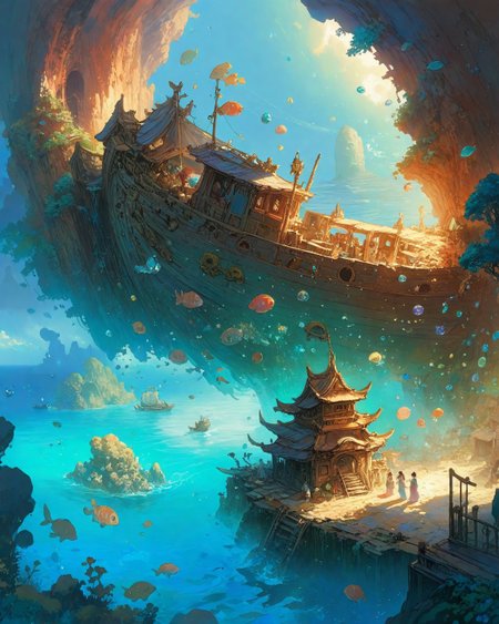 ethereal fantasy concept art of  anime artwork treacherous razor reefs surrounding shipwreck graveyard markets, waters teeming with treasure-chest piranhas that guard crystalized siren songs, Art painting by Satoshi Kon and junji ito and  Tran Nguyen, ,
<lora:Wild_Anime_2025:0.3>,
<lora:extremely_detailed:0.7> extremely detailed ,
<lora:add-detail-xl:0.7>,
<lora:ppw_v7_animv4_1_r2:0.15>,
<lora:Vivid Midjourney mimic - XL SDXL v2.0:0.5> . anime style, key visual, vibrant, studio anime,  highly detailed . magnificent, celestial, ethereal, painterly, epic, majestic, magical, fantasy art, cover art, dreamy