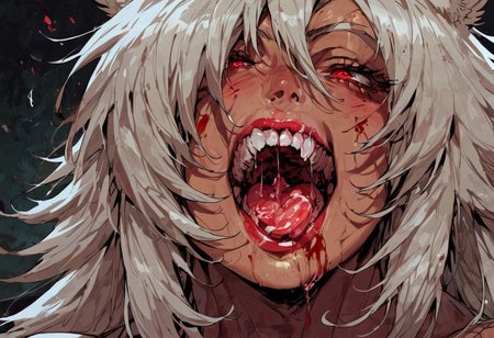 score_9, score_8_up, score_7_up,   1girl, black hair, solo, blood, red eyes, tongue, teeth, open mouth, long hair, blood on face, close-up,  <lora:Fant5yP0ny:0.8>, ghislaine dedoldia, visible breast, bimbo lips, transparent saliva dripping, seductive look, holding her cheeks, super lovely,