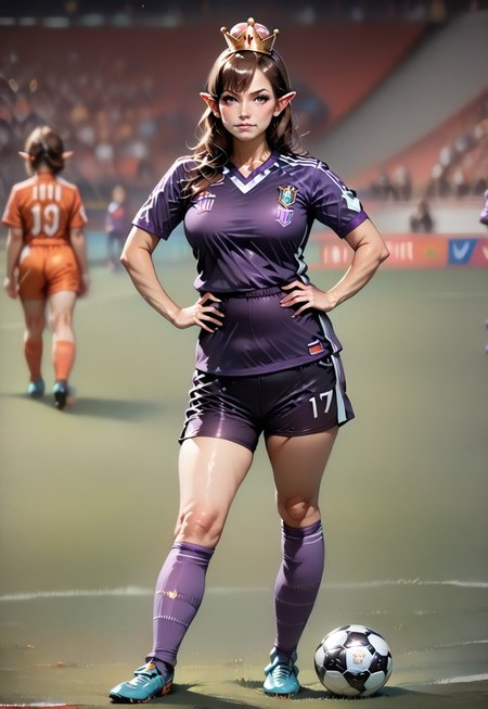 {genderswap \(mtf\), solo:3.0, ((adult:3.0)), mature female, full body, Waluigi, no mustache:2.0, pointy ears, face framing bangs, brown hair, small bust:2.0, crown, super crown, soccer uniform, tight shorts, shin guards, purple uniform, gold accents, standing, standing upright:2.0, }

4kFacePonyXL, anime style:3.0, style-princess, 