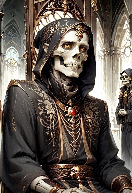 8k, score_9, score_8_up, score_7_up, Art Noveau, masterpiece, 1man (skeleton), (skull face), empty eye sockets, glowing yellow eyes, grey skin,
intricate black robe, intricate gold sash, black pants, black hood, gold trim, black capelet, high collar, pointy ears, long sleeves, long intricate gloves, emerald amulet. bracers,
sitting on throne, dark ruined palace, indoors,