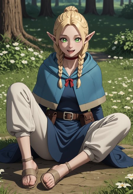 score_9, score_8_up, score_7_up, masterpiece, best quality, amazing quality, very aesthetic, absurdres, Dunmeshi_Marcille, 1girl, solo, female focus, pointy ears, blonde hair, green eyes, HairTwinbraids, red choker, blue hooded capelet, hood down, blue dress, furisode sleeves, brown belt, belt pouch, book holster, beige pants, beige sandals, perspective, dynamic angle, ultra-detailed, highly detailed, cinematic lighting, realistic shading, intricate details, soft lighting, high contrast, PDXLneg-NoAniPny, sitting, grass, on ground, outside, laughing, arm support, day, sun, tree, flower