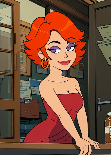 gina,1girl, solo,short hair, orange hair,strapless dress,strapless,hoop earrings, looking at viewer, smile,    <lora:ginaAmericandad-000004:0.75>