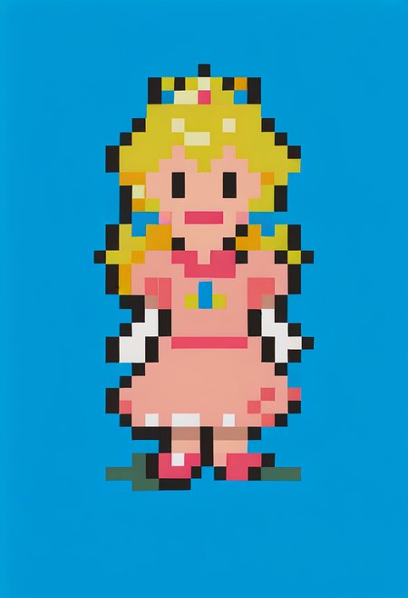 score_9, score_8_up, score_7_up, source_anime, 1girl, smile, <lora:EarthboundSpriteStyle-pdxl:1> pixel art, full body, standing, chibi, looking at viewer, blue background, princess peach, crown, blonde hair, pink dress, long hair, elbow gloves