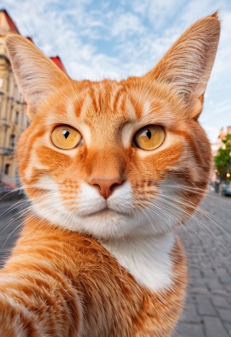 pretty funny cat,take a selfie,looking to camera,kind face,very realistic,city on background,(fluffy:0.2) (ginger:0.2)
