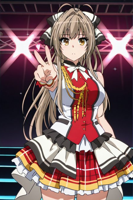 shiny skin, posing, 
<lora:amabri.il:1.0>,
amabri,
isuzu, sleeveless, idol costume, 
hearts, glitter, sparkle, stage, stage light, bloom, standing side, looking at viewer, peace,