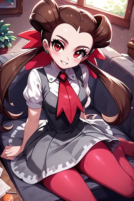 score_9, score_8_up, score_8, medium breasts, (curvy), cute, eyelashes,       BREAK, , ,,,   zzRoxanne, red eyes, long hair, brown hair, twintails, hair pulled back, pantyhose, ascot, grey dress, short sleeves, ribbon, shirt, hair ribbon, <lora:Roxanne_Pokemon_PDXL:1.0>, ,,, , BREAK, ,,, smile, looking at viewer, blush, blurry, couch, sitting, ,,, shiny skin, <lora:ProAnime_PDXL_v1:0.7>, ,,, embedding:zPDXL, Expressiveh, <lora:SDXLFaeTastic2400:0.5>, <lora:Expressive_H-000001:0.4>,