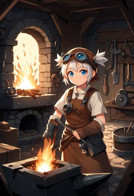score_8, score_8_up, score_7_up, source_cartoon BREAK 1girl, female focus, solo, standing, looking at viewer, Pratty, blue eyes, short hair, goggles, white hair, short twintails, hair through headwear, brown headwear, Forge, Smithy, fire, furnace, kiln, anvil,  Forg3