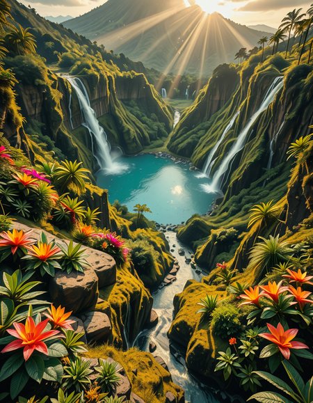 A breathtaking view of an ancient, dormant volcano now transformed into a lush, vibrant natural sanctuary. The crater is filled with dense tropical forests, colorful exotic flowers, cascading waterfalls, and mist swirling gently in the morning light. Vines and moss cover the dark volcanic rocks, and small streams wind down the slopes. while rays of sunlight pierce through the dense canopy, creating sparkling reflections on the water. The atmosphere feels peaceful, enchanted, and untouched by humans. The scene is depicted in an ultra-detailed, hyper-realistic style, with warm, soft lighting and rich, saturated colors that enhance the magical and serene mood of the landscape.
<lora:SDXLFaeTastic2400:0.4> <lora:extremely_detailed:0.4> extremely detailed,dormant v0lc4n0, <lora:dormant_v0lc4n0-i:1>, Masterpiece,best quality,hi res,8k,hi res,8k,award winning,(sharp focus, intricate, highly detailed),