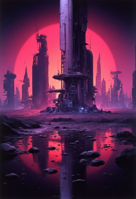 abstract oil painting, gradient vibrant neon colour, rough, textural, broad brush strokes, a futuristic sci-fi city with tall, perfectly reflected in a tranquil, still lake, at night, surreal colours, detailed night sky with stars and nebulas, mythp0rt