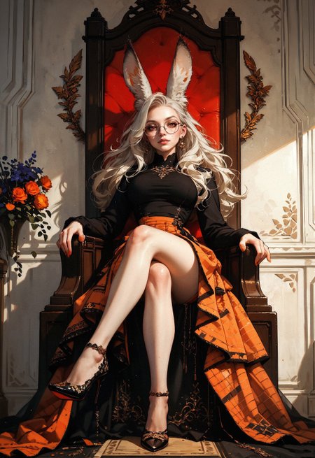 score_9, score_8_up, score_7_up, score_6_up, score_5_up, score_4_up,  solo, Viera, full body, (fluffy ears, fluff in ears:1.3), sitting on a throne, view from below, black top, long sleeves, orange skirt, checkered skirt, a woman, (white hair:1.1), naughty smirk, side cornrows, legs, thighs, crossed legs, (high heels:1.1), morning sun, beautifully backlit, sexy, seductive, erotic, a detailed painting, fantasy art, 1girl, large breasts, freckles, round eyewear, pale skin, full lips, orange eyes, absurd res,