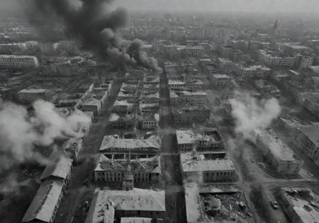 <lora:Smoke_XL:1>, middle shot, modern Ukrainian bombed out city with churches, helicopters overhead,  in the form of smoke_xl