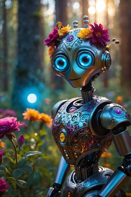 portrait, masterpiece, 4k, ray tracing, intricate details, highly-detailed, hyper-realistic, 8k RAW Editorial Photo.
professional photography of an fantastical cute robot with whimsical elements, flowers and swirling magic, eerie fairytale landscape, elaborate fantasy style art, very colorful, intricate details, ultra sharp, exquisite detail, flawless composition, vivid colors, masterpiece, exciting background, magical glow, internal glow, magic, fantasy, glowing, colorful,
cinematic light, dramatic light, shallow depth of field,  high budget, bokeh, cinemascope, film grain,