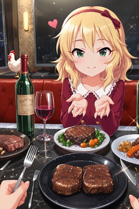 detailed background, shiny skin, posing,
heart, bloom, glitter, sparkle,
<lora:dinnerwaifu.il:1>,
dinnerwaifu, 
chicken, beef, steak, wine, wine bottle, 
pov, hands, fork, knife,  utensil, 
<lora:deresute.il:1>,
deresute,
momoka,