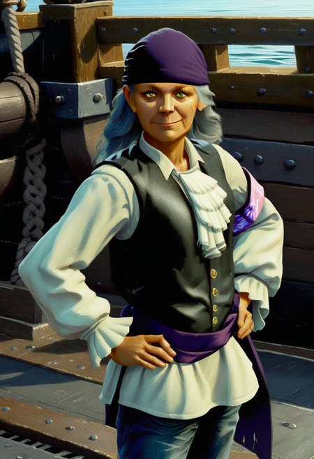 score_9_up, score_8_up, score_7_up, score_6_up, 1girl, solo, n4tasha_PY, yellow eyes, pirate, grey hair, long hair, bandana, white shirt, black vest, purple sash, armband, ascot, denim jeans, proud smile, hands on hips, standing on the deck of a pirate ship, blue sky, sunshine, (painted art)