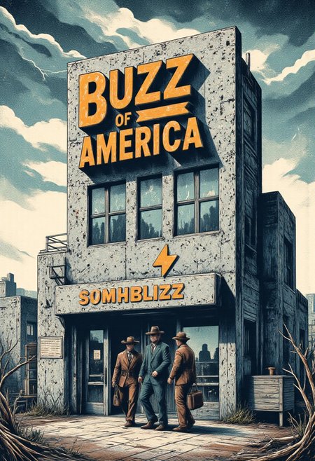 text saying "Buzz of America", cowboy shot of an american bank with (SuchBuzzLogo) logo at the entrance near the name "Buzz of America", modern building with brutalist architecture, a couple of executive walking in the distance, storm, clouds, realistic, fantasy score_8_up, score_7_up, novel style, bleak background, photoshot for a bank commercial