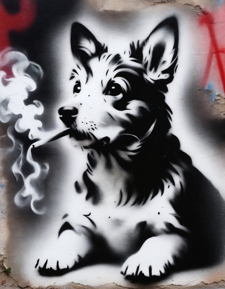 zavy-fzzgrfft, stencil of a dog having a smoke, screentone