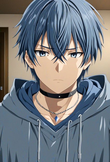 high resolution, solo, best quality, 1Boy, Tomoya Okazaki, Grey Blue Hair, bangs, necklace, choker, hair between eyes, Hoodie, OverallDetail