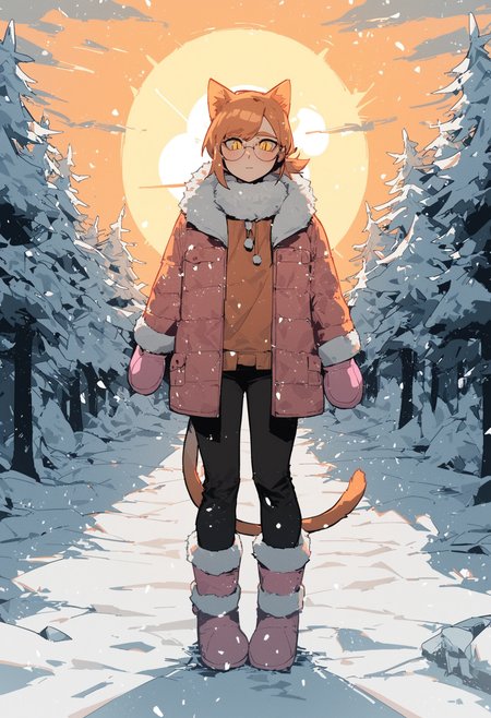 score_9, score_8_up, score_7_up, 
1femboy, skinny, light orange cat ears, light orange cat tail, short ponytail, air_bangs, (light orange hair), yellow eyes, slit pupils, round glasses,
pink down jacket, fur hood, fur collar, fur boots, pants, pink mittens, 
winter forest, snowfall, sun, cloud,
mouth vapour, blush, looking at viewer,
front view, full body,
<lora:Expressive_H:0.3>,<lora:Gogalking_-_style:0.8>, gogalking,