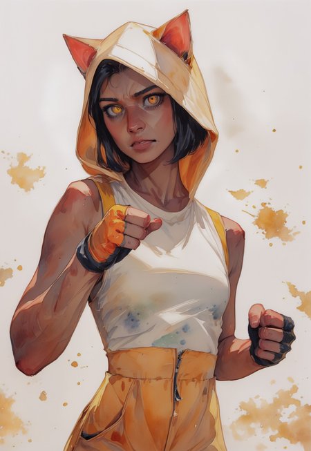 score_9, score_8_up, score_7_up,
WackyBrightDaal,abstractionism, brush stroke, traditional media, cinematic, masterpiece, best quality, ultra-detailed, high resolution, 8K, sharp focus, intricate details, highly detailed, 2d, (flat color:2.0, lineart:2.0, realistic:2.0), simple background, gradient background, 1girl, solo, black hair, short hair, bob cut, detailed face, detailed eyes, yellow eyes, big lips, seductive, sexy, medium breasts, curvy, athletic, thick thighs, wide hips, narrow waist, big ass, bottom heavy, detailed skin, dark skin, cat tail, sport attire, bodysuit, unzipped, sleeveless, hood with cat ears, fingerless gloves, partial nudity, Fighter Pose, fists Up, Doing a kick, fierce Look, come at me Expression, looking at viewer,. expressed outline visuals, disintegrating style, watercolor art, Intricate illustration, traditional media,
momentum, effects,
high contrast, saturated colors, volumetric light, watercolors


