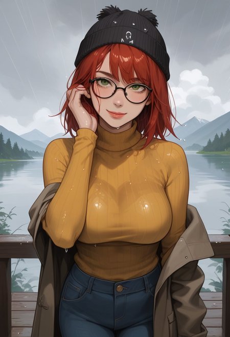 score_9,score_8_up,score_7_up,score_6_up,score_5_up, masterpiece, best_quality, ultra-detailed, (from behind)
BREAK 
1girl, short red hair, bangs, green eyes, aviator glasses, large breasts, thunderstorm, standing on porch, brown overcoat, yellow turtleneck sweater, green knitted beanie, blue jeans, wet hair, sideways glance, wet environment, rain, storm, wet clothes, water, blush, wet skin, smiling, hand in hair, leaning on balustrade, holding umbrella
BREAK
overlooking lake, mountainous horizon