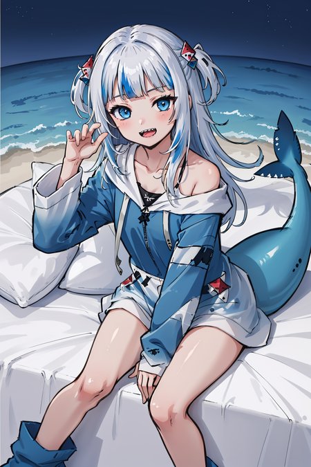 best quality, intricate details,

1girl, white hair,  blue eyes, sharp eyes,messy hair, blue highlights, sharp teeth,

blue hoodie, shark teeth design, bare legs, hair ornament,

multicolored_hair, tail, virtual_youtuber, gawr_gura,<lora:gawr gura:0.4>