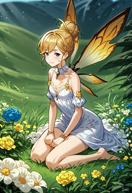 <lora:granblue_fantasy_v2:0.45>,<lora:Expressive_H:1>, score_9, score_8_up, score_7_up,  solo,  source_anime, solo, faerie, fancy, size difference, short, very tiny woman, size, mini woman, insect wings, character focus, outdoors, giant flowers, field of flowers, depth of field, gbfpxnl, Expressiveh, very small female, t1nyg1rlz,