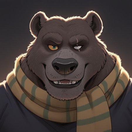 masterpiece, best quality, amazing quality, solo, 1boy, Papabear, bara,  scarf, eye scar, colored sclera, close up