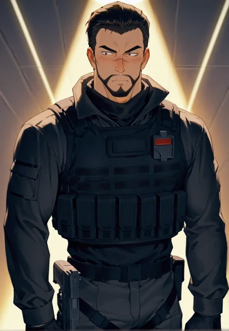 <lora:Red_Siamese_Cats_leader__Detective_Conan:1>, Red Siamese Cats leader, A serious anime-style male character in a tactical black combat uniform, wearing a black bulletproof vest with utility pouches, black gloves, and a communication device on his shoulder. He has short dark hair slicked back, a trimmed beard, and is holding a modern handgun. The setting is a dramatic, cinematic moment with strong lighting and a tense atmosphere, cowboy shot, 
(very short hair, beard, bara, mature, facial hair, stubble, beard, full beard, sideburn, beard, a lot of beard, ), facial hair,male focus, muscular male, muscular male, bara, mature,  bara, mature, aixiwuganda_(20222192), very awa, masterpiece, best quality, absurdres, newest, perfect quality, detailed background, intricate details,
<lora:slider_Body Type_alpha1.0_rank4_noxattn_last:3><lora:Anime Summer Days 2 Style SDXL_LoRA_Pony Diffusion V6 XL:.6><lora:slider_cfg_scale_boost:.7><lora:Artist6p:.55>, Artist6p, Artist04p,<lora:slider_il_brightness_slider_d1:-1><lora:slider_il_contrast_slider_d1:-1><lora:slider_DarkSlider1.2_alpha1.0_rank16_full_300steps:-.6>