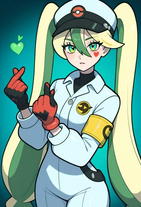 Pst,
electric miku \(project voltage\), pokemon,, 1girl, green eyes, hair between eyes, aqua eyes, very long hair, blonde hair, multicolored hair, two-tone hair, green hair, twintails, red gloves, hat, black gloves, long sleeves, jumpsuit, armband, yellow armband
 ,solo,finger_heart gesture