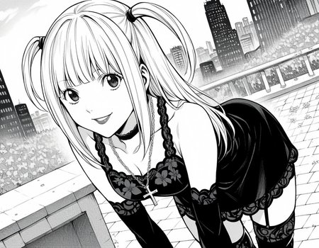 score_9, score_8_up, score_7_up, source_anime,
misaamane, <lora:misa-amane-manga-ponyxl-lora-nochekaiser:1>,
misa amane, long hair, bangs, blunt bangs, two side up, lipstick,
thighhighs, dress, jewelry, collarbone, boots, detached sleeves, choker, black thighhighs, necklace, black footwear, black dress, sleeveless dress, garter straps, black choker, short dress, floral print, cross, cross necklace,
outdoors, cityscape, smile, bent over,
looking at viewer, cowboy shot, solo, dutch angle, greyscale, monochrome,