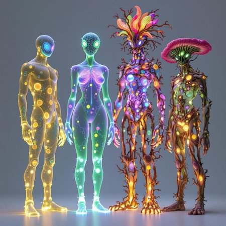 1 male protocell Humanoid, 1 female Obcells humanoid, 1 Protozoa Kaiju humanoid, and 1 fungi/Forest/elements/humanoid, the 4 are standing beside each other. 32k, 16k, 8k, masterpiece, Bioluminescence translucent body.