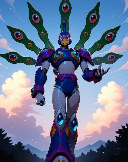 <lora:Cyber_Peacock_(Mega_Man_X)_(Illustrious)_(AD):1> Cyber Peacock, reploid, MMX, 
exterior, blue sky with clouds,
male focus, intense shadows, dynamic shadows, intricate details, attention to details, gradient coloring, bright vivid colors, robot, beak, sexy smile, half closed eyes, effeminate, narcissist, mid shot, 
BREAK very awa, masterpiece, best quality, amazing quality, very aesthetic, highres, absurdres, 
EZRealPONYXL, zPDXL, Smooth Quality, lazynsfw,
