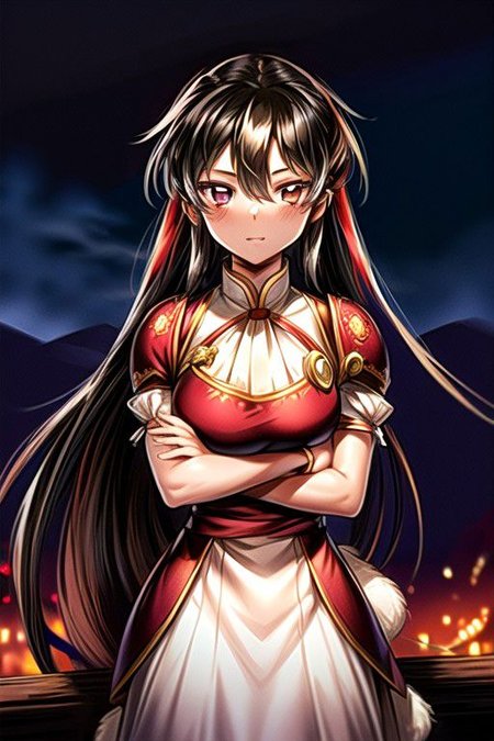 best quality 1girl Setsun4 solo long hair,  (night time) forest background black hair very long hair purple eyes multicolored hair armor, small, (fur trim) (medium body),<lora:EMS-179-EMS:0.800000>,<lora:EMS-293862-EMS:0.800000> bow, hair_bow, hair_tubes, red_bow, brown_hair, long_hair, bangs, ascot, frilled_bow, yellow_ascot, blush, smile, hair_between_eyes, athletic, armor, miko, ,(((intricate outfit,intricate clothes,embroidered outfit,ornate outfit,embroidered clothes,ornate clothes))), strengthmda, crossed arms,