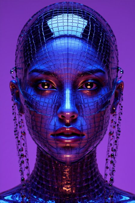 A woman with a mask on her head, cyberpunk style.