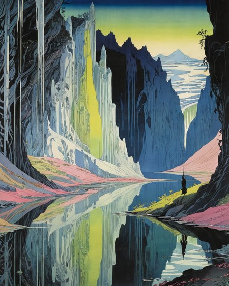 Survivor, water, reflections, transparency, paradoxical, vivid color, The Valley of the Lost, Kay Nielsen,  neon, <lora:add-detail-xl:1>, <lora:xl_more_art-full_v1:0.8>