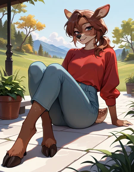 masterpiece, best quality, very aesthetic, absurdres,
outdoors,
full body, posing, casual, 
seductive smile, parted lips, long eyelashes,
 <lora:Bianca_v01_NAIXL:1>,
Bianga,1girl,solo,furry,furry female,brown hair,deer ears,blue eyes,round eyewear,freckles,snout,animal nose,body fur,brown fur,tail,hooves,