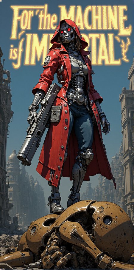 anime style, adeptus mechanicus shiny metal cyborg woman in long hooded red trench coat with white ornaments and long metal tool tubes on back, and cyborg mask, heavy bolter in hand, standing on top of destroyed necron bronze metal skeleton, ruined city, warhammer 40k, ("For the MACHINE is IMMORTAL" text written on top of picture in glowing gothic letters:1.2) <lora:CPA:1> <lora:BLUE_mk4_angel_FLUX_01:1>  <lora:Bolter_-_Warhammer_40000_Flux:1.7>