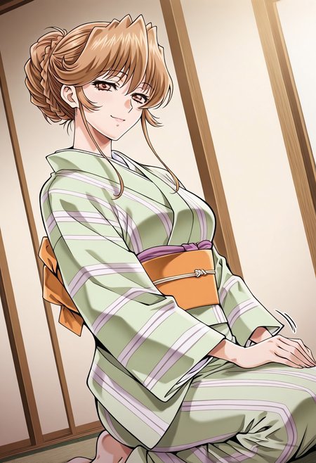 masterpiece, best quality, newest, highres, uncensored, 1girl, yokota mamoru style,1girl, slender face，motion lines, ,Sendou Nana,light Brown Hair, Long hair,Brown Eyes,slim
hair bun, single hair bun, braid, french braid,japanese clothes, kimono, sash, obi, green kimono,indoors, sitting, seiza,looking at viewer, cowboy shot, solo, dutch angle,seductive smile,torogao