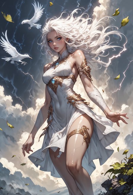 score_9, score_8_up, score_7_up,  1 girl, Air Elemental girl, swirling air, hovering among the clouds, air, gold jewelry, thigh strap, shiny skin, blush, beautiful face, blue eyes, white hair, floating hair, gentle breeze, white skin, white sexy sheer dress, dutch angle, bottomless, pink fingernails, moonlight, stormlight, green leaves, flying leaves, lightning, wind, swirling wind currents, lightning bird, magical elements, high fantasy  <lora:Expressive_H-000001:0.8>, expressiveH    <lora:Fant5yP0ny:0.9>  <lora:Pony_DetailV1.0:0.9> <lora:PonyAirElementals:0.6>
