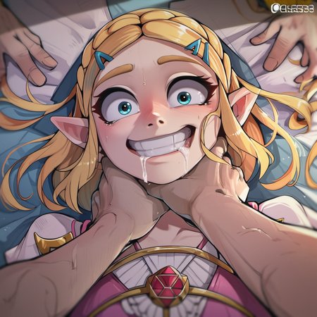 score_9, score_8_up, score_7_up, score_6_up, score_5_up, score_4_up,
1girl, 1boy, pov, choking, looking at viewer, grin, wide-eyed, drooling,
princess zelda, 
<lora:ponyxl-choking-concept-v03:1>
