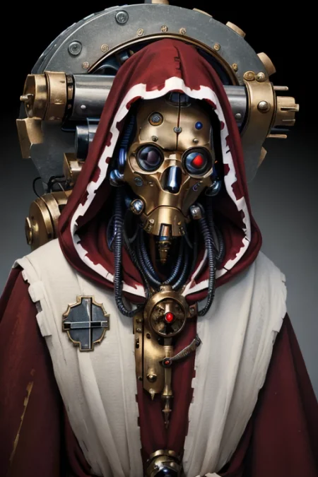 ((masterpiece,best quality)), absurdres, mechanical arms, robes, hood, (techpriest), cyborg, mechanical face, (orthoicon)