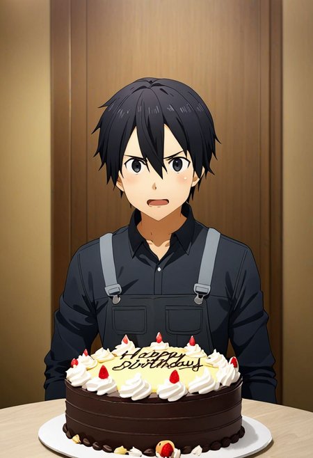 high resolution, professional photography, best quality, 1Boy, Kirigaya Kazuto, Black Hair, Black Eyes, overalldetail, surprise, birthday surprise, funny, birthday cake, birthday party