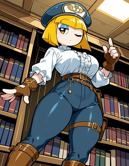 masterpiece, best quality, amazing quality, very detailed, newest, no humans, solo, anthro, WnKrbZnPrtznn, blonde hair, short hair, floating hands, looking at viewer, (elegant), dynamic pose, dynamic angle, (mature), vintage, beret, frilled shirt, tight pants, leg band, belts, brown gloves, fingerless gloves, dot mouth, looking away, indoors, bookshelf, (one eye closed), brown boots, five fingers, perfect hands, navy blue pants, blue eyeshadow, half-closed eyes, (no nose), <lora:6181c8c8-c962-4334-b2cb-3dfb77597397:0.7>