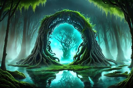 RAW photo, (masterpiece:1.3), subsurface scattering, heavy shadow, (high quality:1.4), (intricate, high detail:1.2), professional photography, HDR, High Dynamic Range, realistic, ultra realistic, photorealistic, high resolution, film photography, ambient lighting, atmospheric effects, <lora:detail_slider_v4:2>, OverallDetail, bare tree, butterfly, door, fantasy, fire, forest, light rays, nature, no humans, outdoors, portal, scenery, sky, tree, water, <lora:Portal:0.8>, in a sinister and dark fantasy swamp, moss, water,  FanSwa, <lora:FantasySwamps-11:0.7>,  epiCPhoto