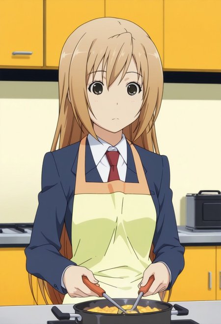 masterpiece,best quality,amazing quality, minami haruka, light brown hair, long hair, brown eyes, 1girl, solo, apron, necktie, cooking, school uniform